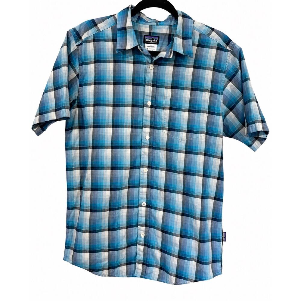Patagonia Fezzman Men’s Small Blue Plaid Organic Cotton Camp Short Sleeve Shirt